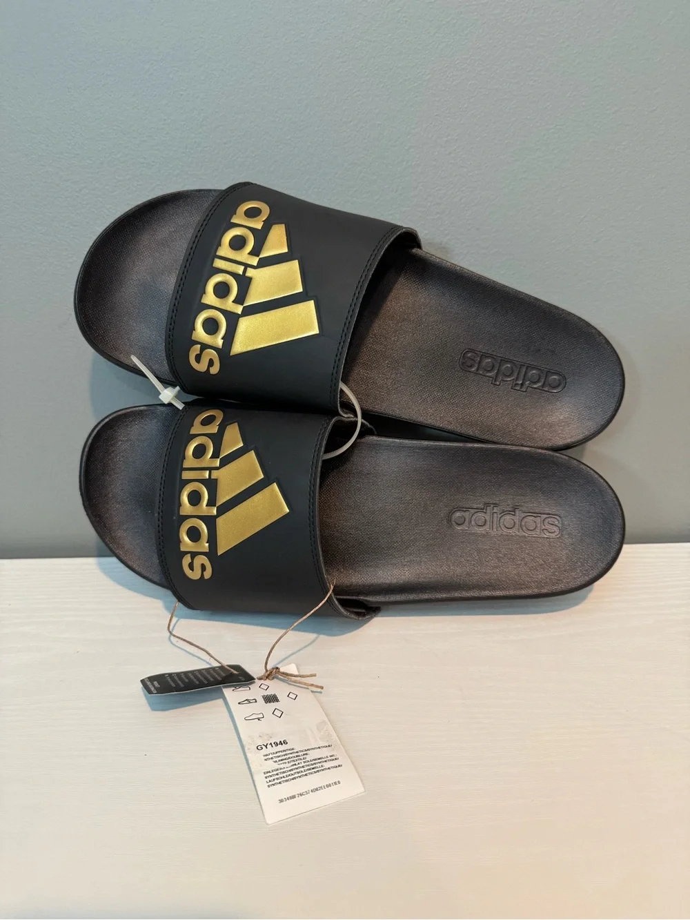 adidas Black Slides with Metallic Gold Logo NWT no box